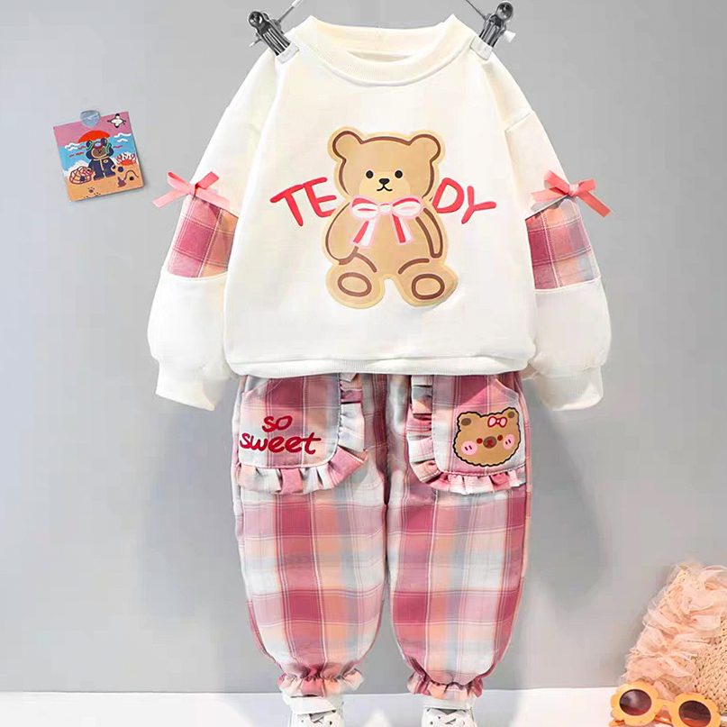 【12M-5Y】2-piece Girls Cute Bear And Letter Print Round Neck Long Sleeve Sweatshirt And Plaid Pants Set - 34423 【12M-5Y】2-piece Girls Cute Bear And Letter Print Round Neck Long Sleeve Sweatshirt And Plaid Pants Set - 34423