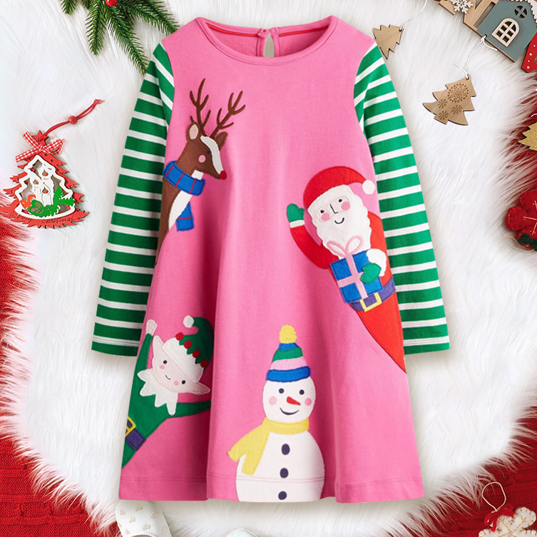 【18M-7Y】Girls Cute Christmas Pattern Embroidered Round Neck Long Sleeve Dress 【18M-7Y】Girls Cute Christmas Pattern Embroidered Round Neck Long Sleeve Dress