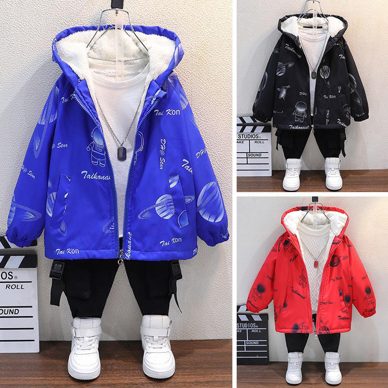 【2Y-10Y】Boys Casual Cartoon Astronaut Print Thickened Fleece Hooded Jacket 【2Y-10Y】Boys Casual Cartoon Astronaut Print Thickened Fleece Hooded Jacket
