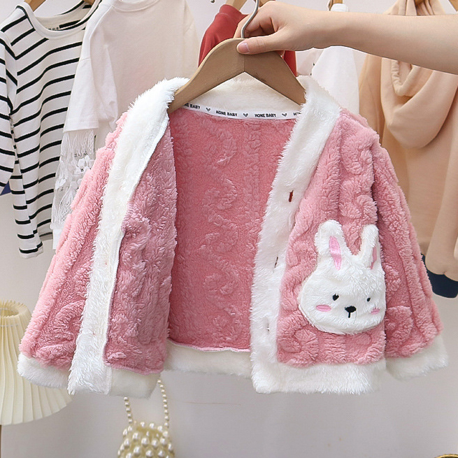 【12M-6Y】2-piece Girls Cute Bunny Pocket Coral Velvet Pajama Set 【12M-6Y】2-piece Girls Cute Bunny Pocket Coral Velvet Pajama Set