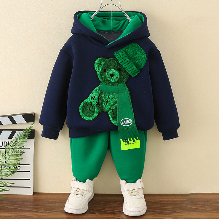 【12M-8Y】2-piece Boys Casual Scarf Bear Embroidered Hooded Sweatshirt And Pants Set 【12M-8Y】2-piece Boys Casual Scarf Bear Embroidered Hooded Sweatshirt And Pants Set