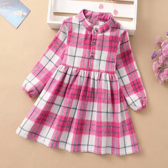 【18M-7Y】Girls Fashion Stand Collar Plaid Long Sleeve Dress 【18M-7Y】Girls Fashion Stand Collar Plaid Long Sleeve Dress