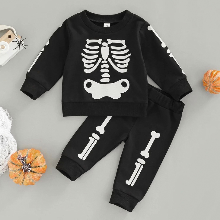 【6M-4Y】2-piece Boys Halloween Print Black Sweatshirt And Pants Set 【6M-4Y】2-piece Boys Halloween Print Black Sweatshirt And Pants Set