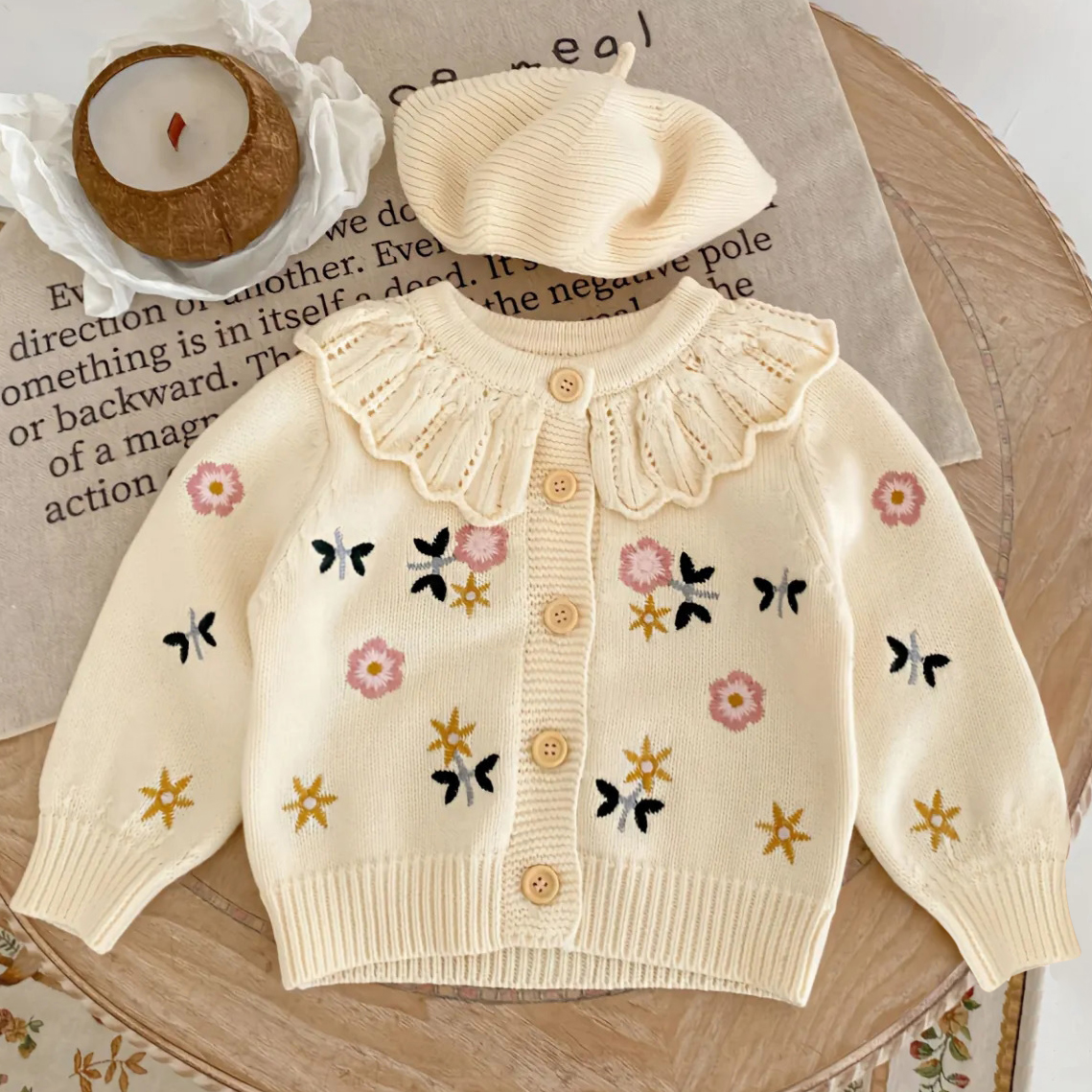 【12M-6Y】Girls Cute Floral Embroidered Lapel Sweater Cardigan (Hat Not Included) 【12M-6Y】Girls Cute Floral Embroidered Lapel Sweater Cardigan (Hat Not Included)