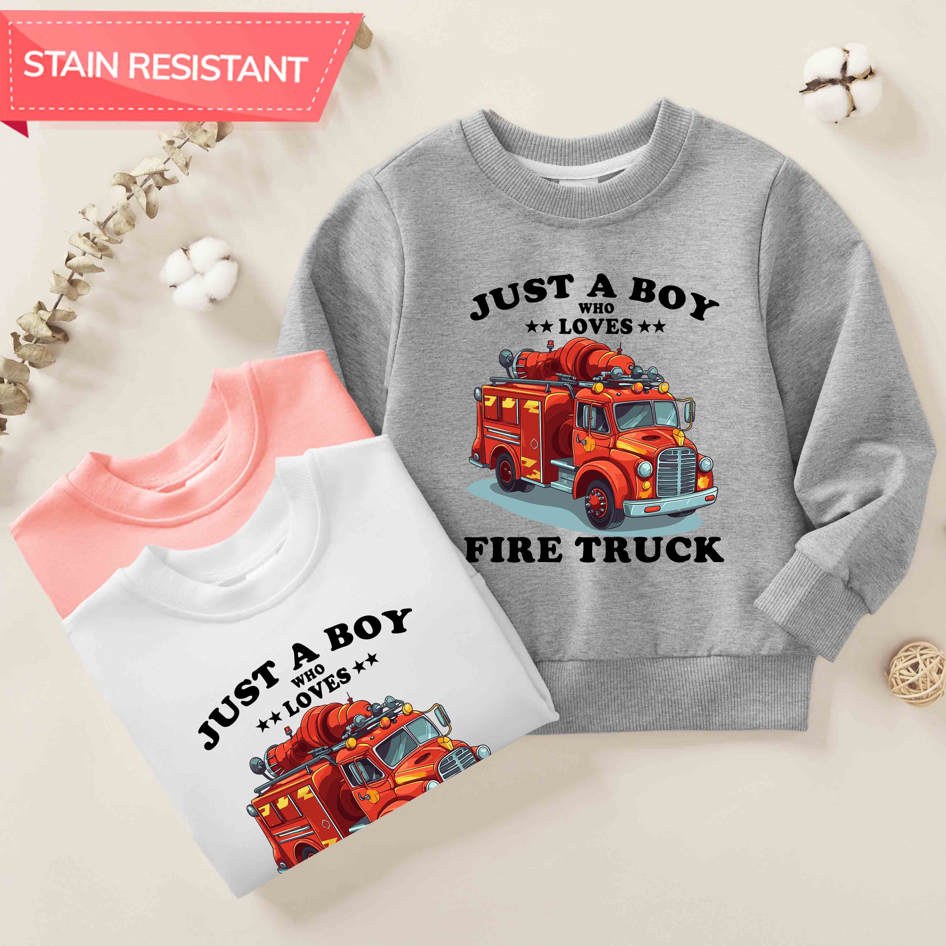 【12M-9Y】Boy Letter And Fire Truck Print Cotton Stain Resistant Long Sleeve Sweatshirt 【12M-9Y】Boy Letter And Fire Truck Print Cotton Stain Resistant Long Sleeve Sweatshirt