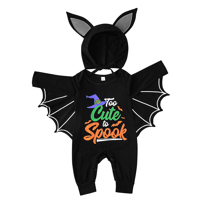 【6M-3Y】2-piece Baby Halloween Print Black Bat Romper With Hat 【6M-3Y】2-piece Baby Halloween Print Black Bat Romper With Hat