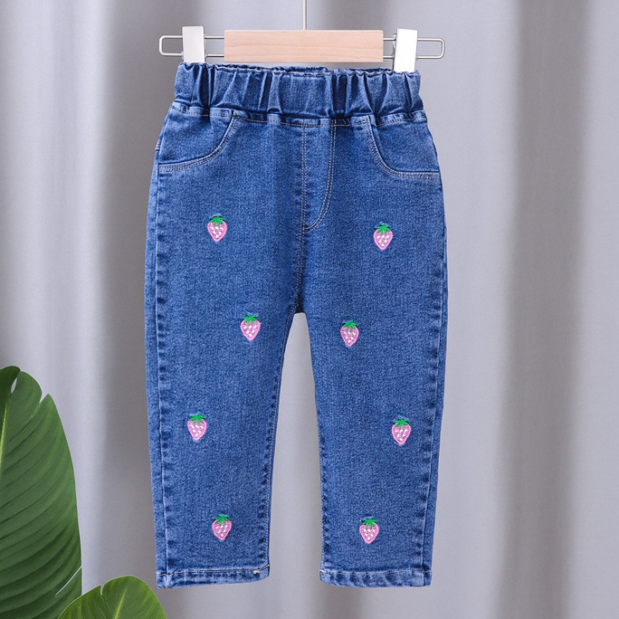 【12M-5Y】Girls Cute Bunny And Cartoon Embroidery Blue Jeans 【12M-5Y】Girls Cute Bunny And Cartoon Embroidery Blue Jeans