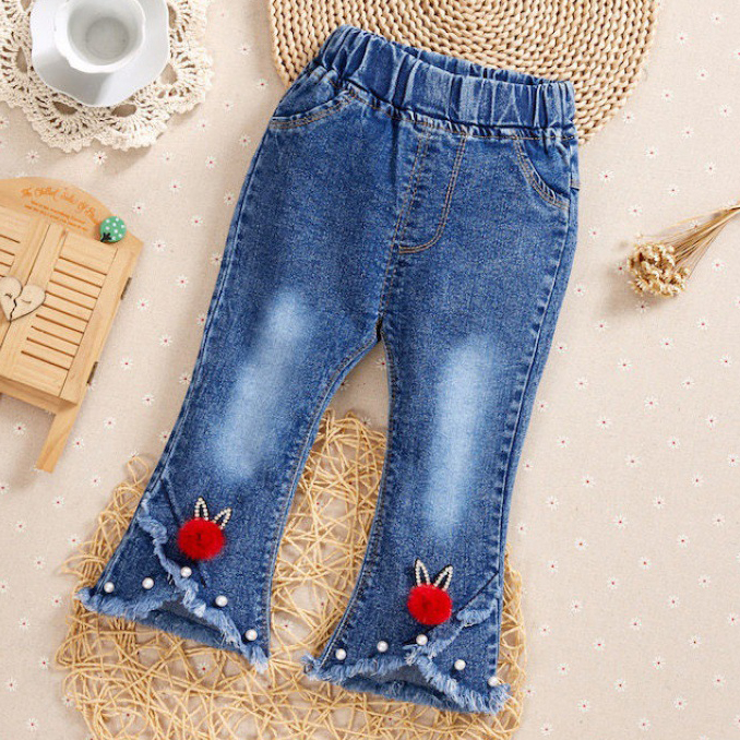 【6M-9Y】Girl Sweet Flowers And Fringed Blue Jeans 【6M-9Y】Girl Sweet Flowers And Fringed Blue Jeans