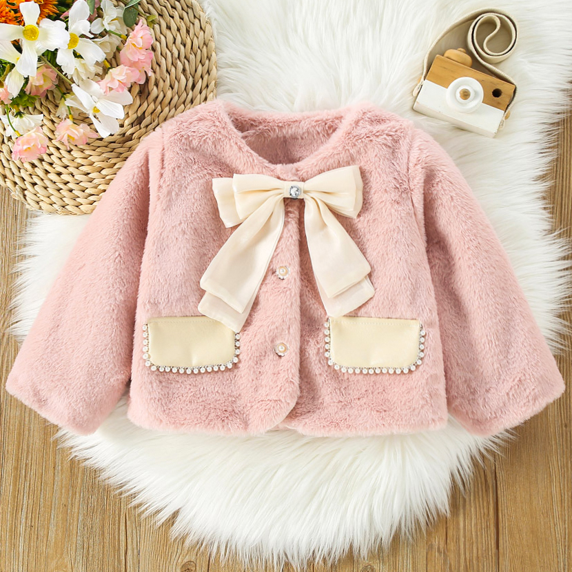 【12M-4Y】Girls Sweet Bow And Pearl Faux Fur Coat 【12M-4Y】Girls Sweet Bow And Pearl Faux Fur Coat