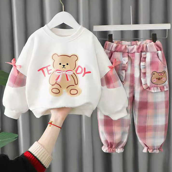 【12M-5Y】2-piece Girls Cute Bear And Letter Print Round Neck Long Sleeve Sweatshirt And Plaid Pants Set - 34423 【12M-5Y】2-piece Girls Cute Bear And Letter Print Round Neck Long Sleeve Sweatshirt And Plaid Pants Set - 34423