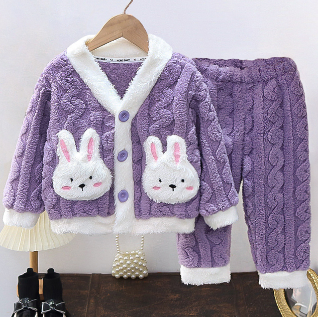 【12M-6Y】2-piece Girls Cute Bunny Pocket Coral Velvet Pajama Set 【12M-6Y】2-piece Girls Cute Bunny Pocket Coral Velvet Pajama Set