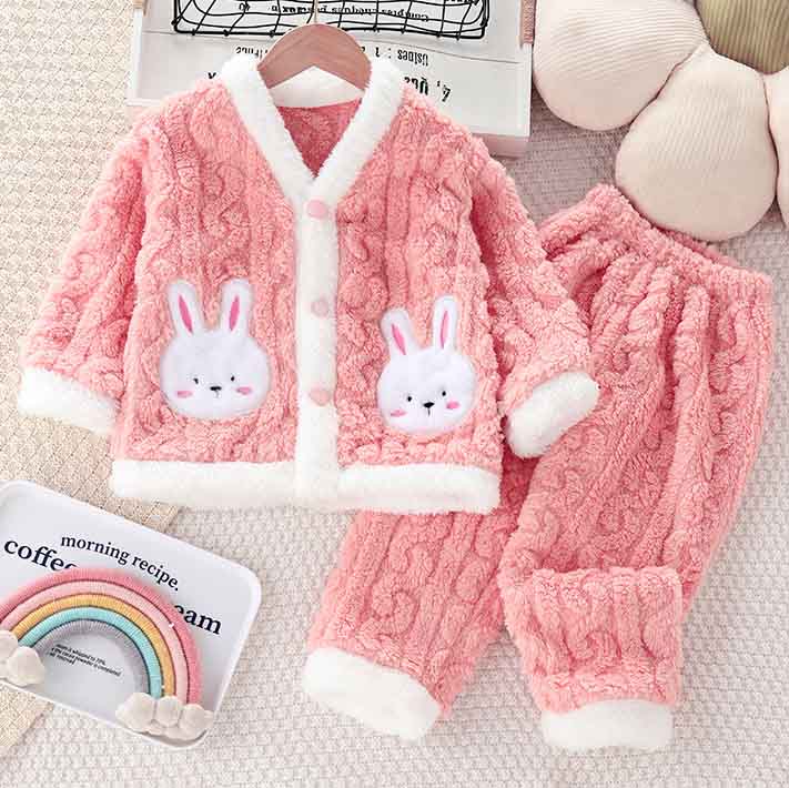 【12M-6Y】2-piece Girls Cute Bunny Pocket Coral Velvet Pajama Set 【12M-6Y】2-piece Girls Cute Bunny Pocket Coral Velvet Pajama Set