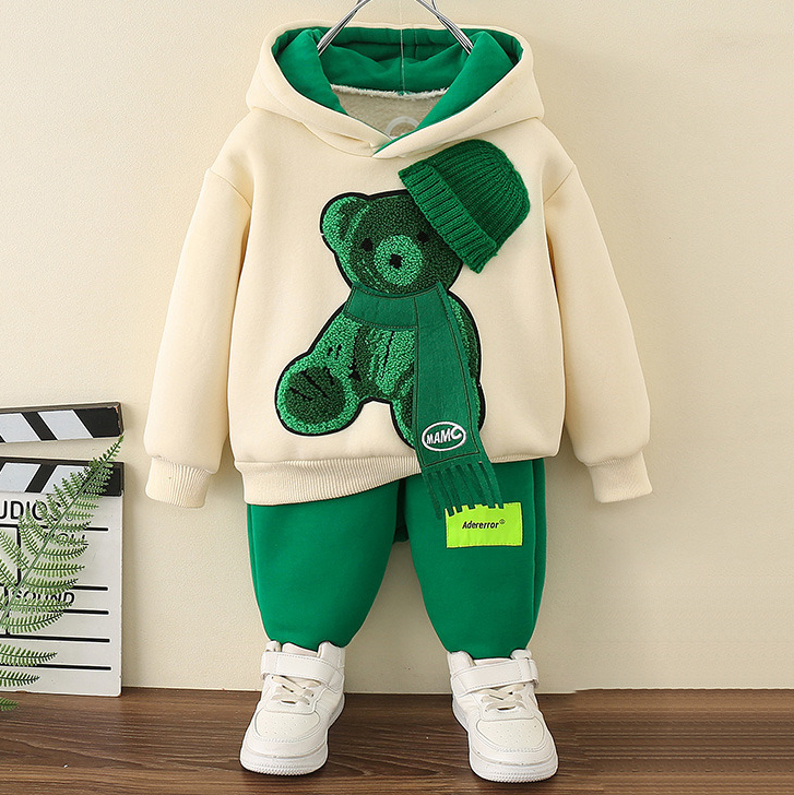 【12M-8Y】2-piece Boys Casual Scarf Bear Embroidered Hooded Sweatshirt And Pants Set 【12M-8Y】2-piece Boys Casual Scarf Bear Embroidered Hooded Sweatshirt And Pants Set