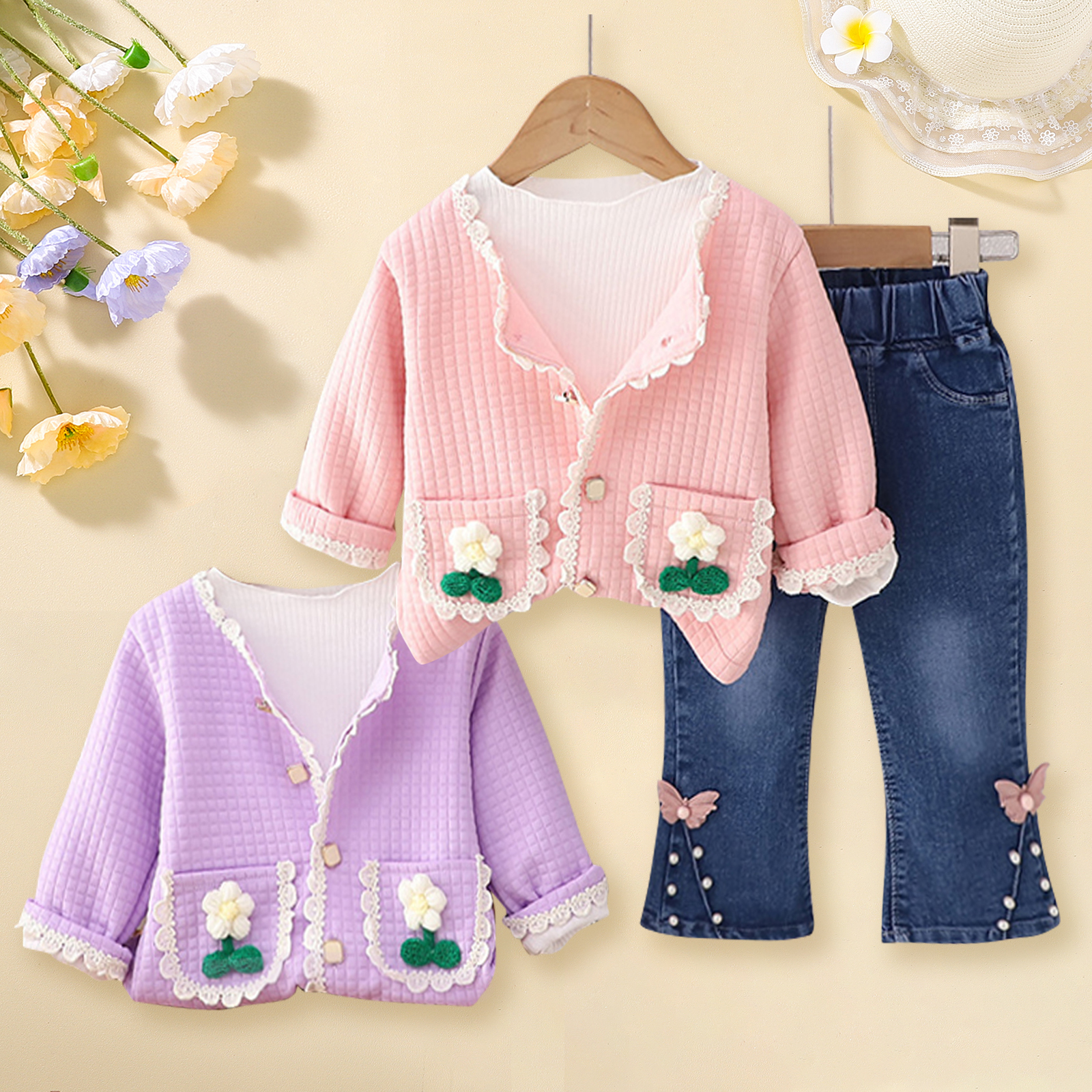 【12M-5Y】3-piece Girls Fashionable White T-shirt And Flower Embroidered Cardigan And Jeans Set - 34427 【12M-5Y】3-piece Girls Fashionable White T-shirt And Flower Embroidered Cardigan And Jeans Set - 34427