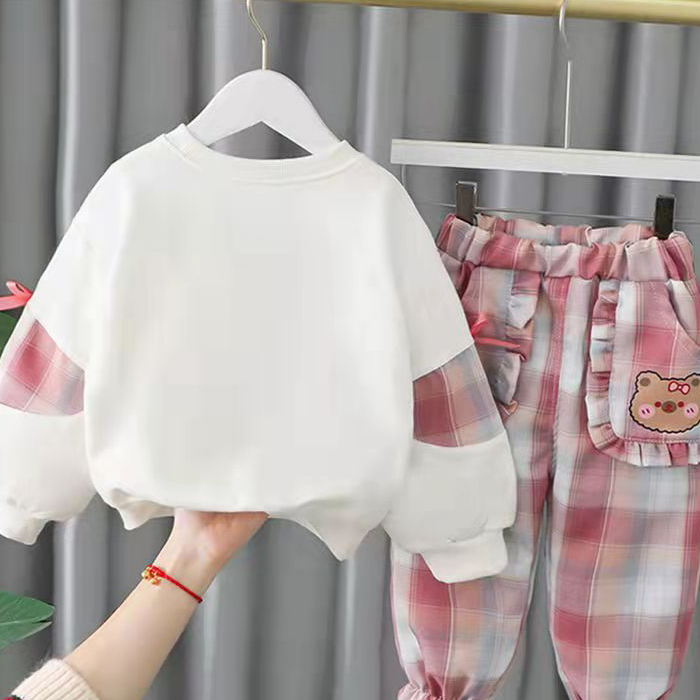【12M-5Y】2-piece Girls Cute Bear And Letter Print Round Neck Long Sleeve Sweatshirt And Plaid Pants Set - 34423 【12M-5Y】2-piece Girls Cute Bear And Letter Print Round Neck Long Sleeve Sweatshirt And Plaid Pants Set - 34423