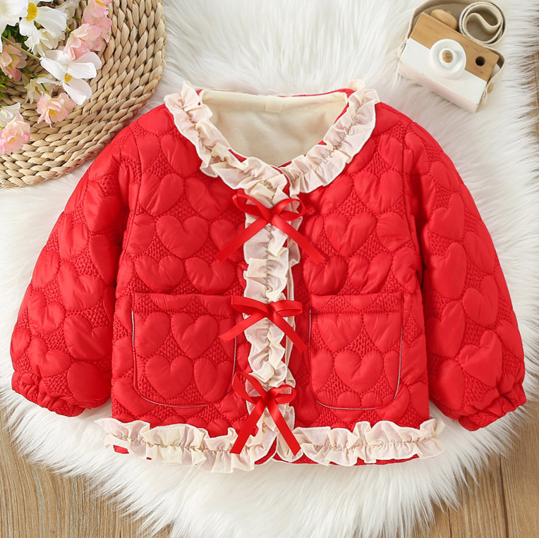 【12M-4Y】Girls Sweet Bow And Ruffle Heart Shape Jacquard Padded Fleece Coat