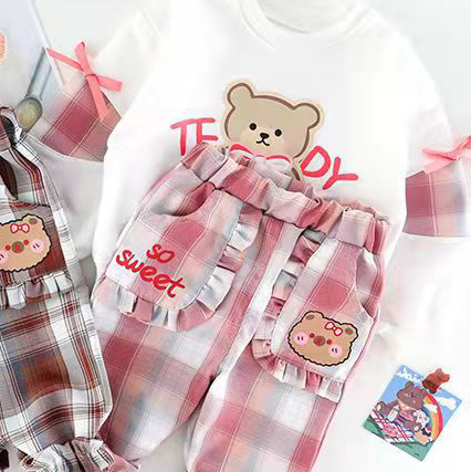 【12M-5Y】2-piece Girls Cute Bear And Letter Print Round Neck Long Sleeve Sweatshirt And Plaid Pants Set - 34423 【12M-5Y】2-piece Girls Cute Bear And Letter Print Round Neck Long Sleeve Sweatshirt And Plaid Pants Set - 34423