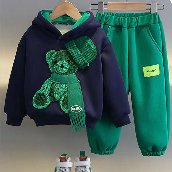 【12M-8Y】2-piece Boys Casual Scarf Bear Embroidered Hooded Sweatshirt And Pants Set 【12M-8Y】2-piece Boys Casual Scarf Bear Embroidered Hooded Sweatshirt And Pants Set