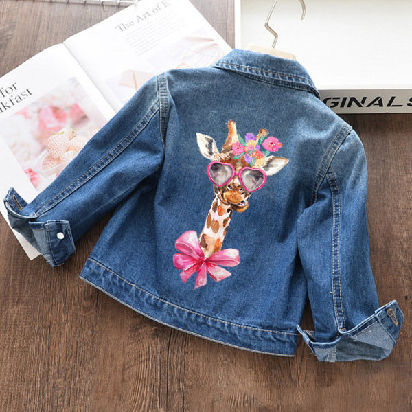 【18M-11Y】Girls Fashion Bow Giraffe Print Blue Denim Jacket - 3142 【18M-11Y】Girls Fashion Bow Giraffe Print Blue Denim Jacket - 3142