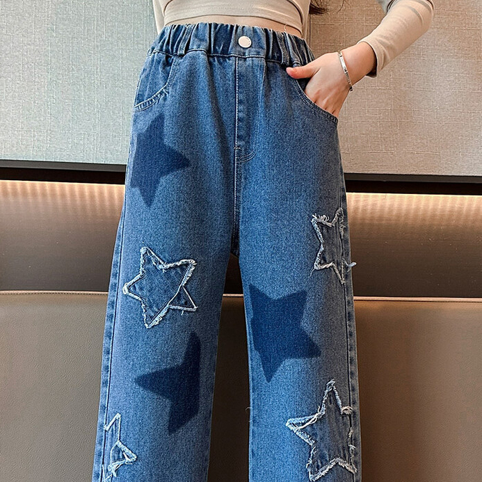 【3Y-12Y】Girls Fashion Star Embroidered Blue Jeans 【3Y-12Y】Girls Fashion Star Embroidered Blue Jeans