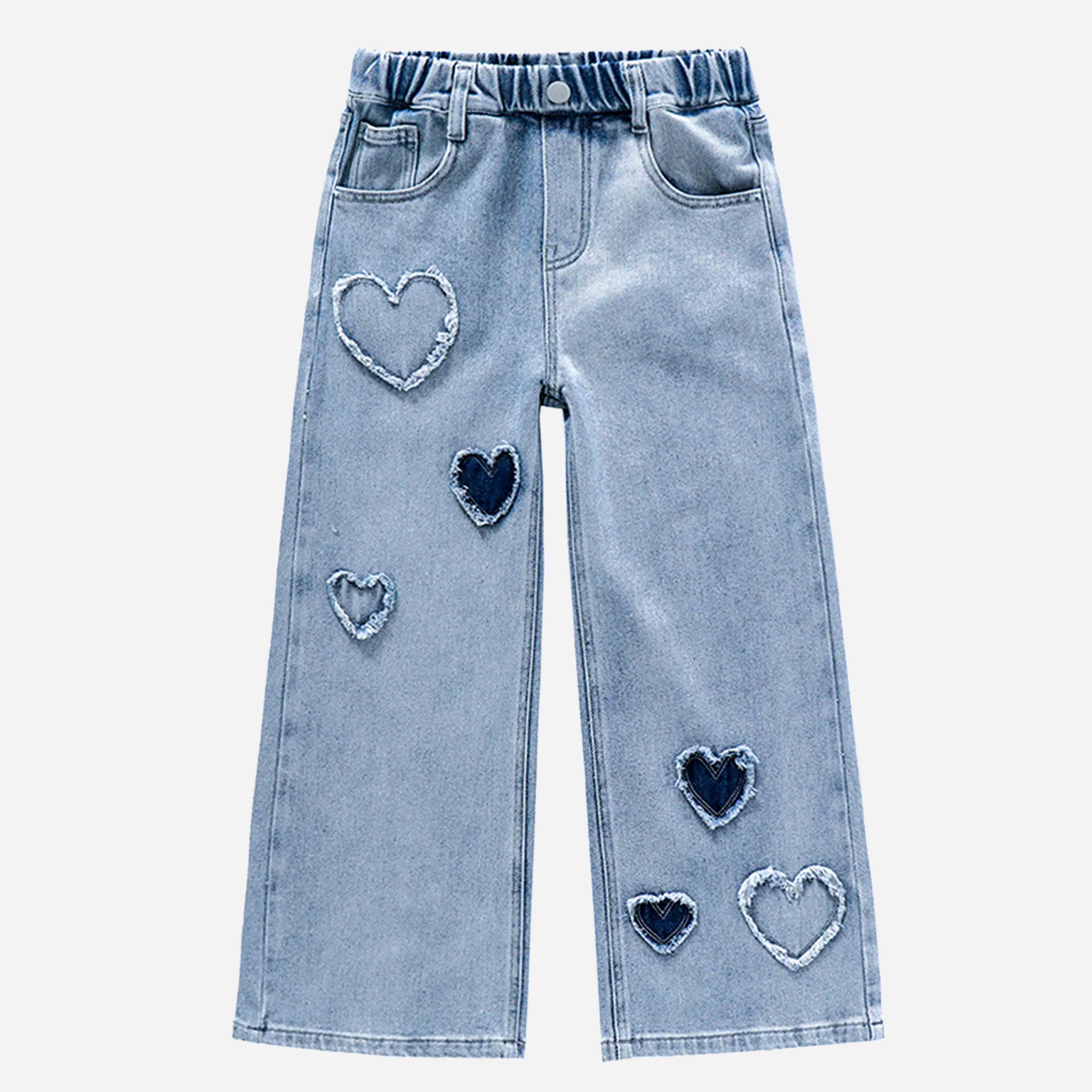 【4Y-12Y】Girls Fashion Heart Shape Embroidered Blue Jeans 【4Y-12Y】Girls Fashion Heart Shape Embroidered Blue Jeans