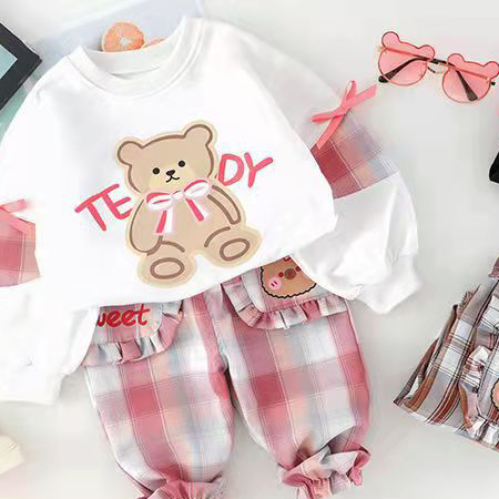 【12M-5Y】2-piece Girls Cute Bear And Letter Print Round Neck Long Sleeve Sweatshirt And Plaid Pants Set - 34423 【12M-5Y】2-piece Girls Cute Bear And Letter Print Round Neck Long Sleeve Sweatshirt And Plaid Pants Set - 34423