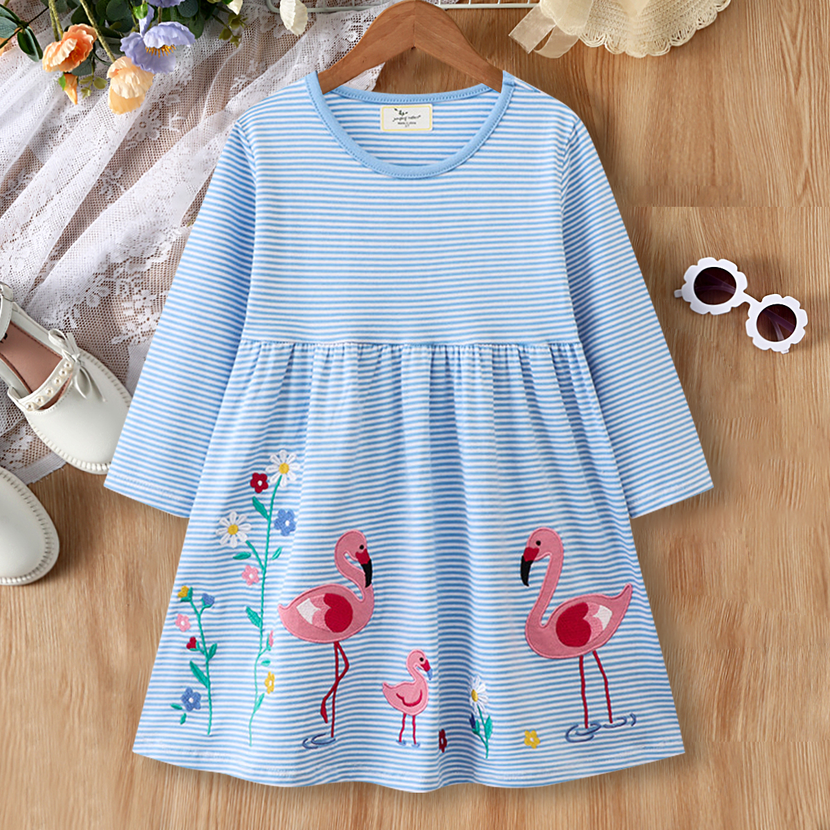 【18M-7Y】Girls Sweet Flamingo And Floral Embroidered Blue Striped Long Sleeve Dress 【18M-7Y】Girls Sweet Flamingo And Floral Embroidered Blue Striped Long Sleeve Dress