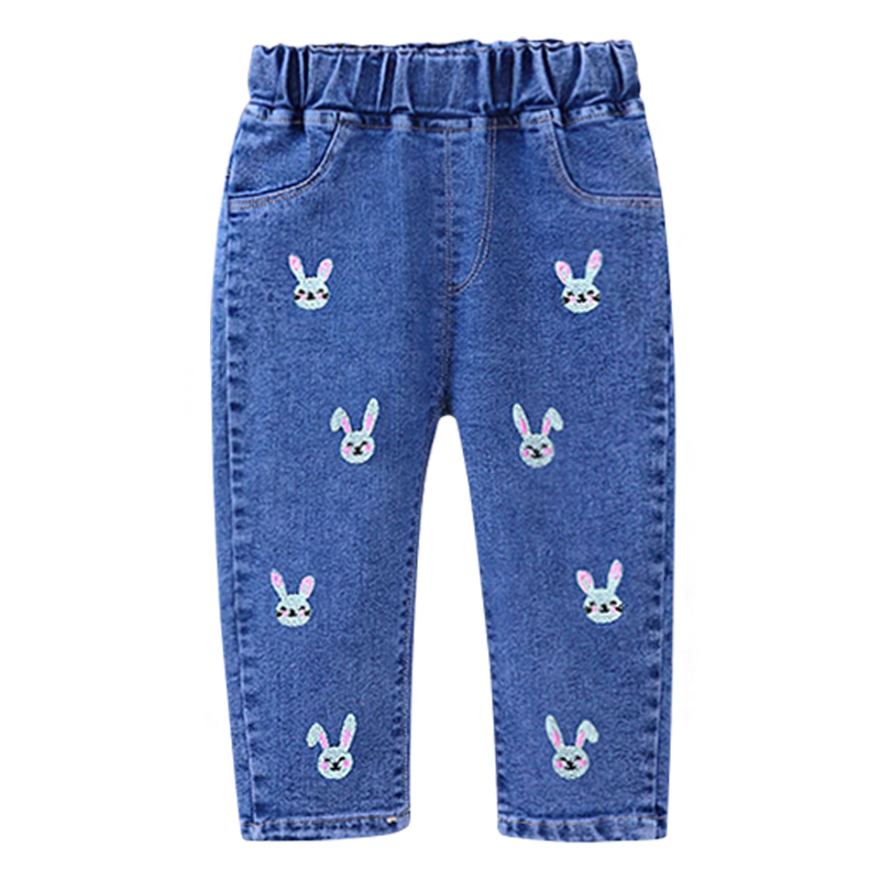 【12M-5Y】Girls Cute Bunny And Cartoon Embroidery Blue Jeans 【12M-5Y】Girls Cute Bunny And Cartoon Embroidery Blue Jeans