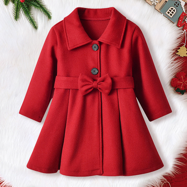 【18M-6Y】Girls Elegant Bow Belt Red Tweed Coat 【18M-6Y】Girls Elegant Bow Belt Red Tweed Coat