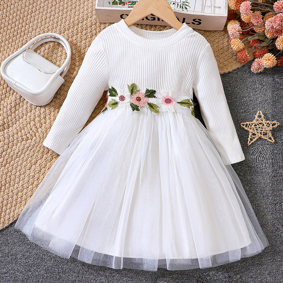 【18M-6Y】Girls Fashion Floral Embroidery Round Neck Long Sleeve Mesh Dress 【18M-6Y】Girls Fashion Floral Embroidery Round Neck Long Sleeve Mesh Dress