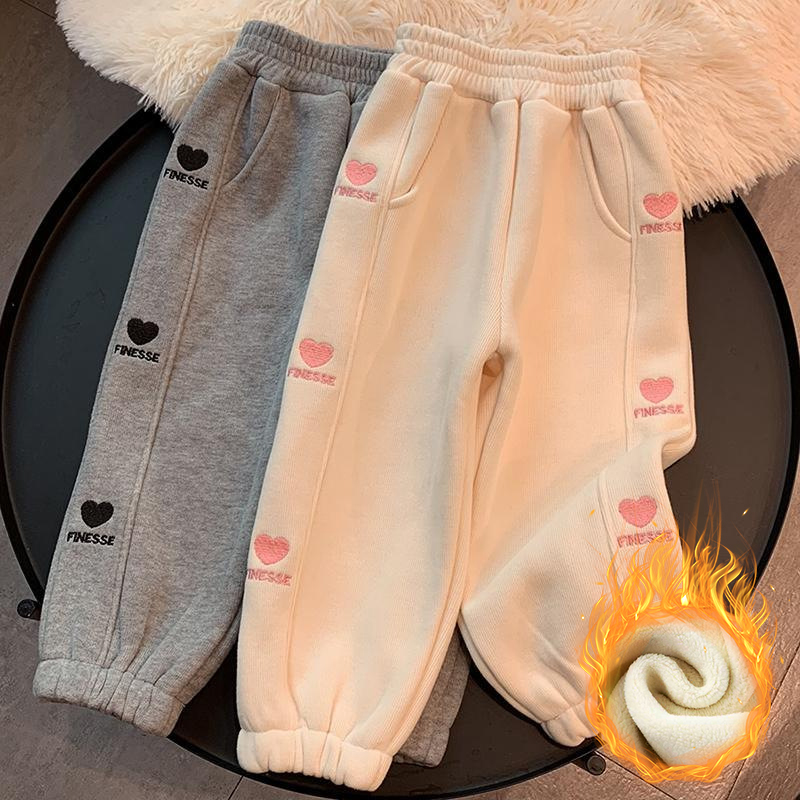 【18M-8Y】Girls Stylish Heart Shape And Letter Embroidered Thick Fleece Pants 【18M-8Y】Girls Stylish Heart Shape And Letter Embroidered Thick Fleece Pants