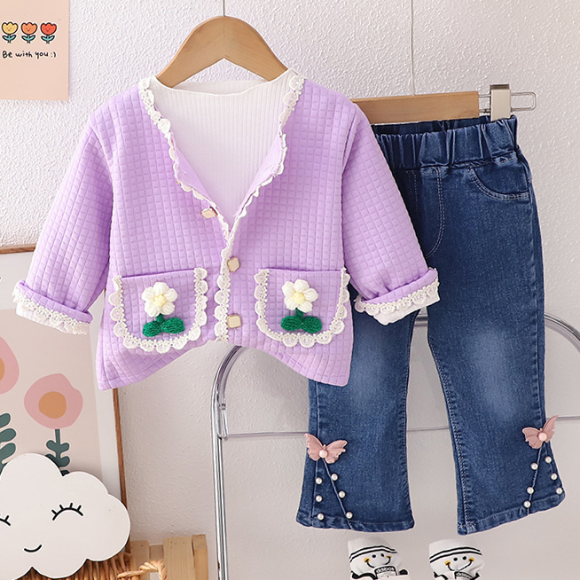 【12M-5Y】3-piece Girls Fashionable White T-shirt And Flower Embroidered Cardigan And Jeans Set - 34427 【12M-5Y】3-piece Girls Fashionable White T-shirt And Flower Embroidered Cardigan And Jeans Set - 34427