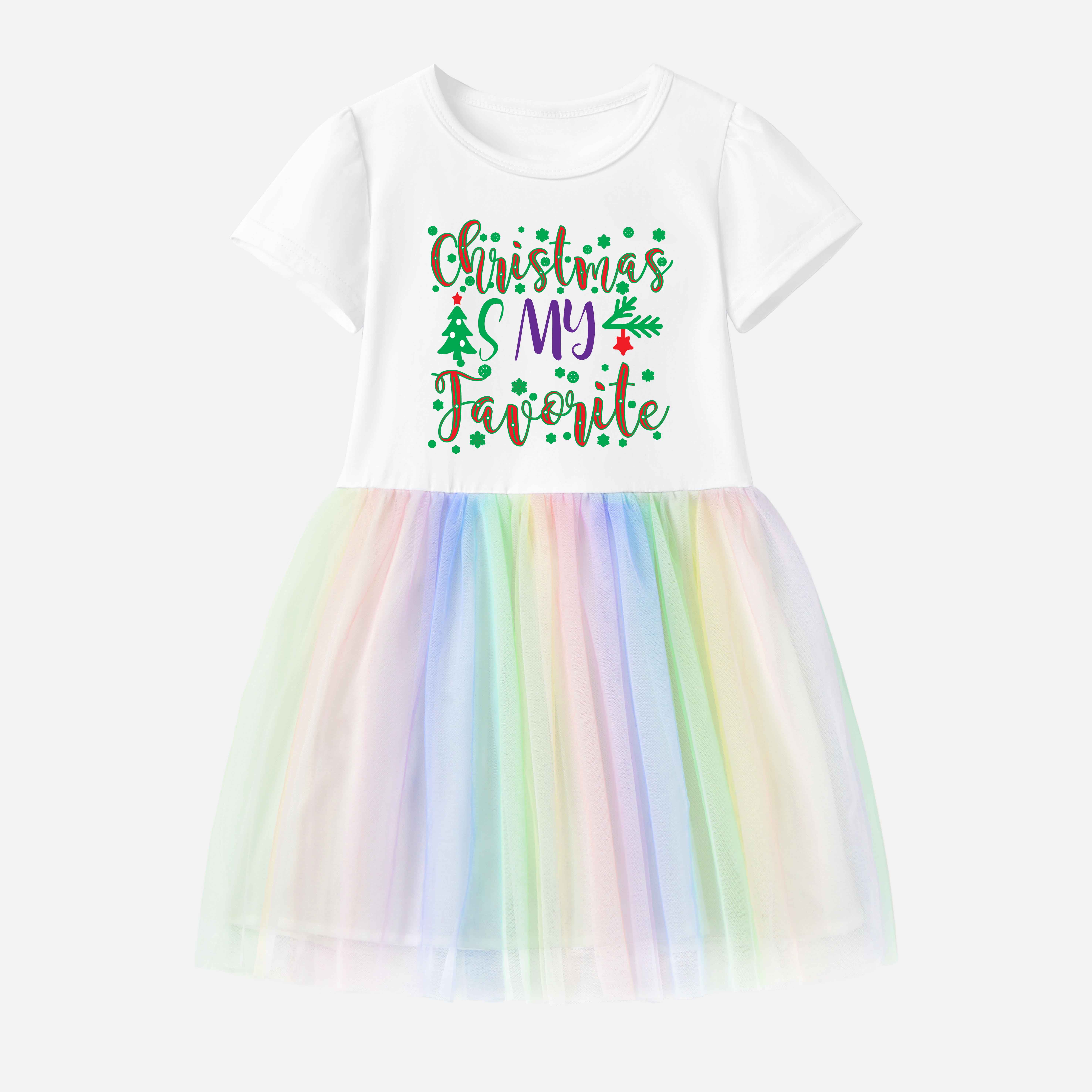 【12M-7Y】Girl Christmas Letters Print Cotton Stain Resistant Cartoon Splicing Tulle Short Sleeve Dress 【12M-7Y】Girl Christmas Letters Print Cotton Stain Resistant Cartoon Splicing Tulle Short Sleeve Dress