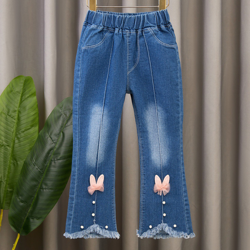 【2Y-13Y】Girl Fashion Flowers And Beads Blue Jeans 【2Y-13Y】Girl Fashion Flowers And Beads Blue Jeans