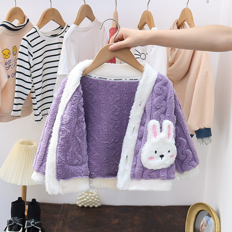 【12M-6Y】2-piece Girls Cute Bunny Pocket Coral Velvet Pajama Set 【12M-6Y】2-piece Girls Cute Bunny Pocket Coral Velvet Pajama Set