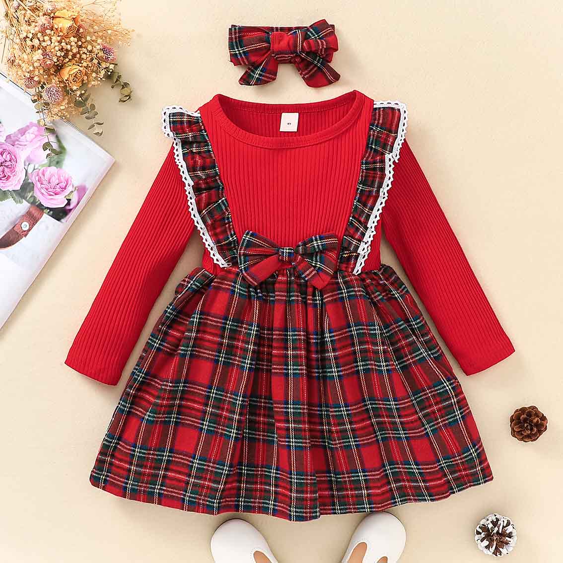 【3M-7Y】2-piece Girls Sweet Plaid Long Sleeve Dress With Hairband - 33255 【3M-7Y】2-piece Girls Sweet Plaid Long Sleeve Dress With Hairband - 33255