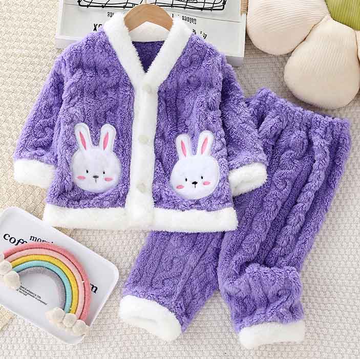 【12M-6Y】2-piece Girls Cute Bunny Pocket Coral Velvet Pajama Set 【12M-6Y】2-piece Girls Cute Bunny Pocket Coral Velvet Pajama Set