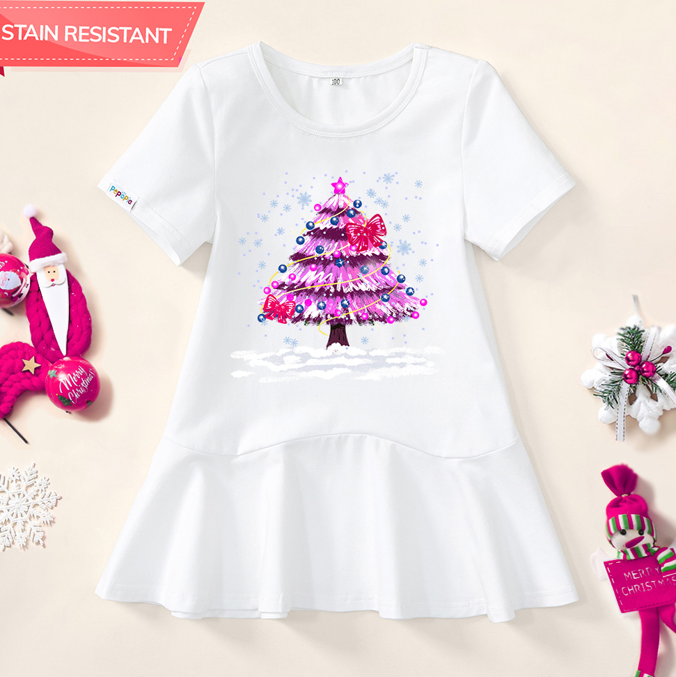 【18M-9Y】Girl Pink Christmas Tree And Bow Print Stain Resistant Cotton Short Sleeve Dress 【18M-9Y】Girl Pink Christmas Tree And Bow Print Stain Resistant Cotton Short Sleeve Dress