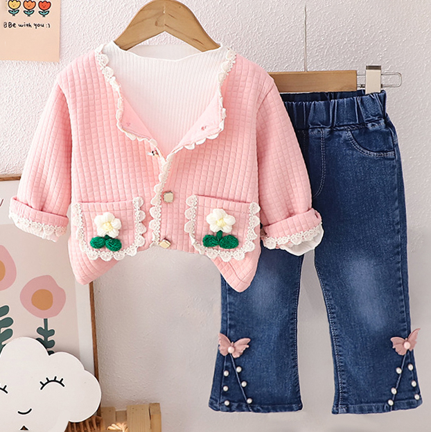【12M-5Y】3-piece Girls Fashionable White T-shirt And Flower Embroidered Cardigan And Jeans Set - 34427 【12M-5Y】3-piece Girls Fashionable White T-shirt And Flower Embroidered Cardigan And Jeans Set - 34427