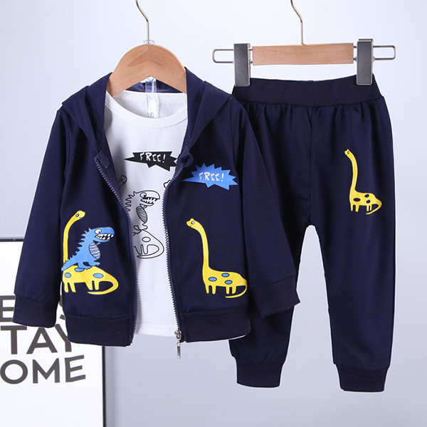 【12M-4Y】Boys Dinosaur Print Long-sleeved Hooded Jacket, Long-sleeved T-shirt And Pants Three-piece Suit