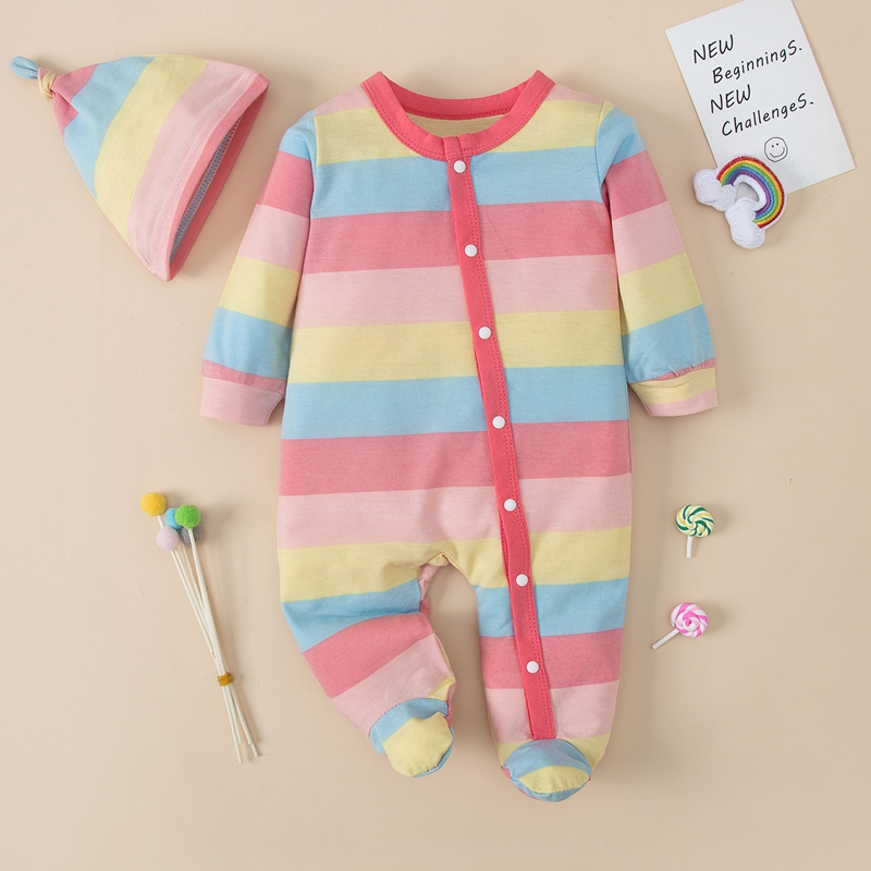 【0M-18M】Baby 2-piece Long Sleeve Rainbow Romper With Hat 【0M-18M】Baby 2-piece Long Sleeve Rainbow Romper With Hat