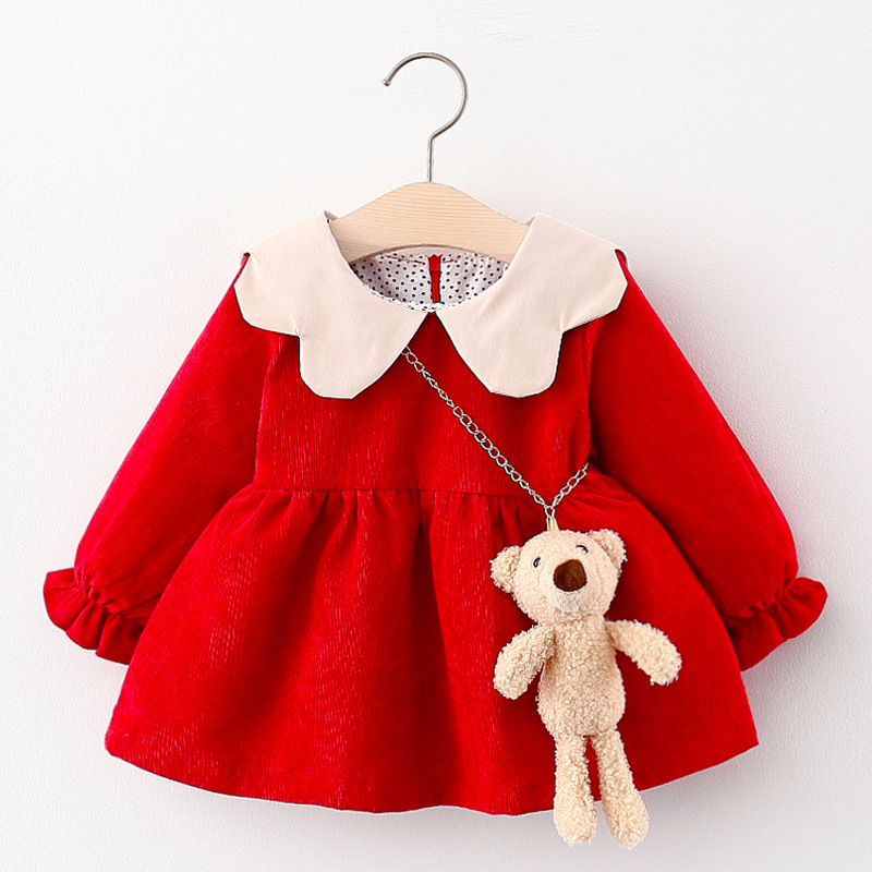 【12M-4Y】Girls Bear Decoration Long-sleeved Dress - 33342 【12M-4Y】Girls Bear Decoration Long-sleeved Dress - 33342