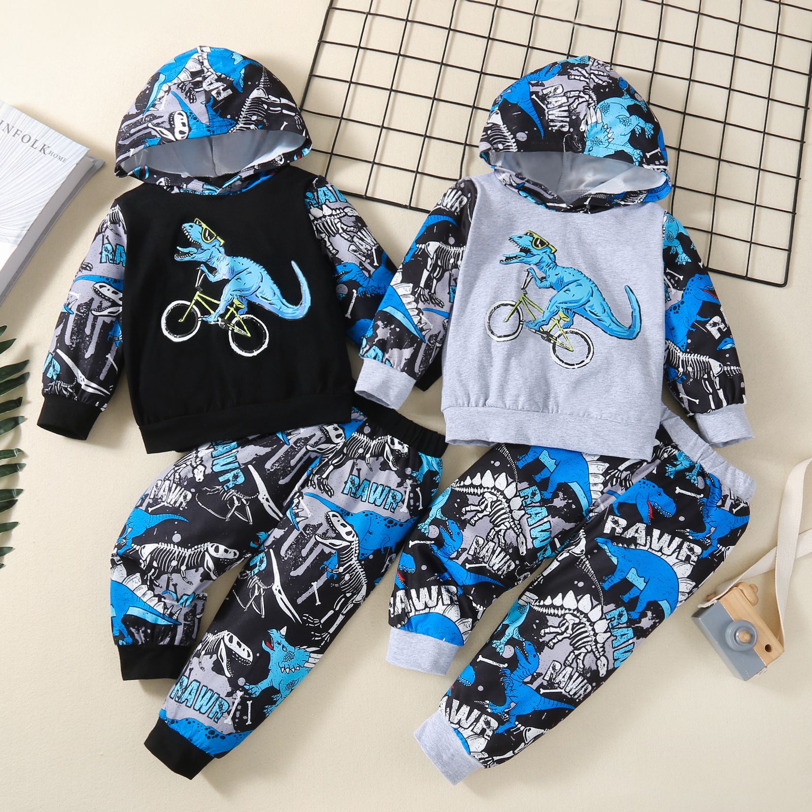 【12M-5Y】Boys Dinosaur Print Long Sleeve Hooded Sweatshirt Pants Two-Piece Set 【12M-5Y】Boys Dinosaur Print Long Sleeve Hooded Sweatshirt Pants Two-Piece Set