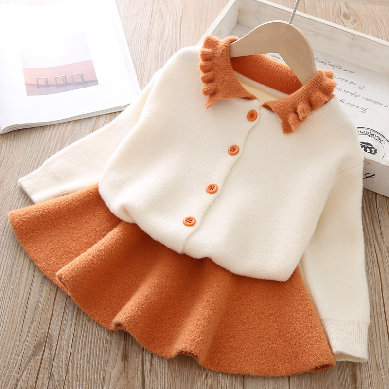 【12M-5Y】Girls Lapel Long Sleeve Cardigan Short Skirt Suit - 34114 【12M-5Y】Girls Lapel Long Sleeve Cardigan Short Skirt Suit - 34114