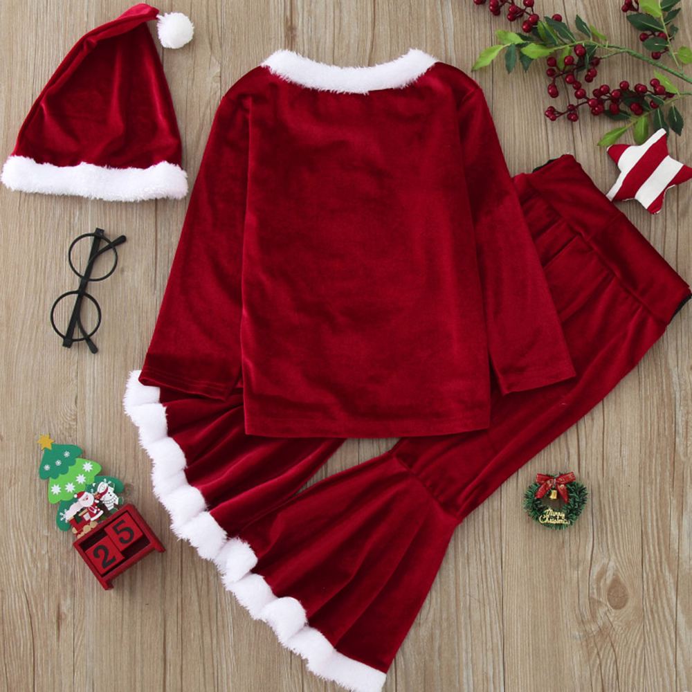 【12M-7Y】3-piece Girls Sweet Red Velvet Christmas Print Plush Top And Flare Pants Set - 34252 【12M-7Y】3-piece Girls Sweet Red Velvet Christmas Print Plush Top And Flare Pants Set - 34252