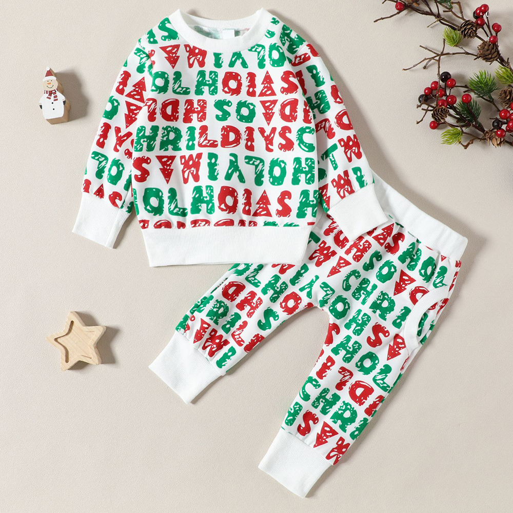 【3M-24M】2-piece Baby Unisex Christmas Letter Print Round Neck Sweatshirt And Pants Set 【3M-24M】2-piece Baby Unisex Christmas Letter Print Round Neck Sweatshirt And Pants Set