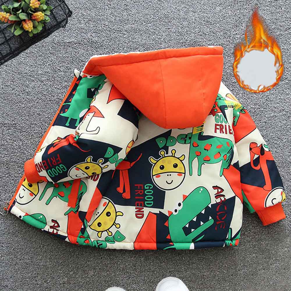 【18M-8Y】Boy Casual Velvet Keep Warm Cartoon Giraffe Dinosaur Print Colorblock Hooded Jacket 【18M-8Y】Boy Casual Velvet Keep Warm Cartoon Giraffe Dinosaur Print Colorblock Hooded Jacket