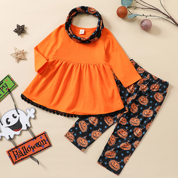 【12M-5Y】3-piece Girls Cute Halloween Print Dress And Pants Set 【12M-5Y】3-piece Girls Cute Halloween Print Dress And Pants Set
