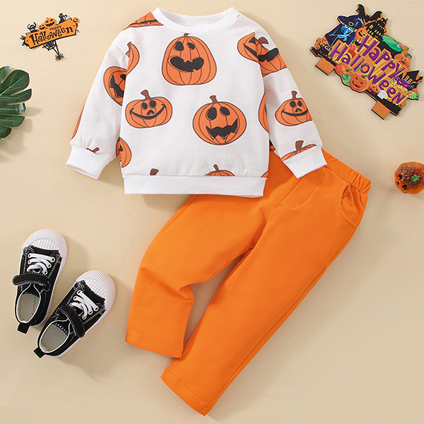 【12M-5Y】Unisex Cute Halloween Print Round Neck Sweatshirt And Pants Set 【12M-5Y】Unisex Cute Halloween Print Round Neck Sweatshirt And Pants Set