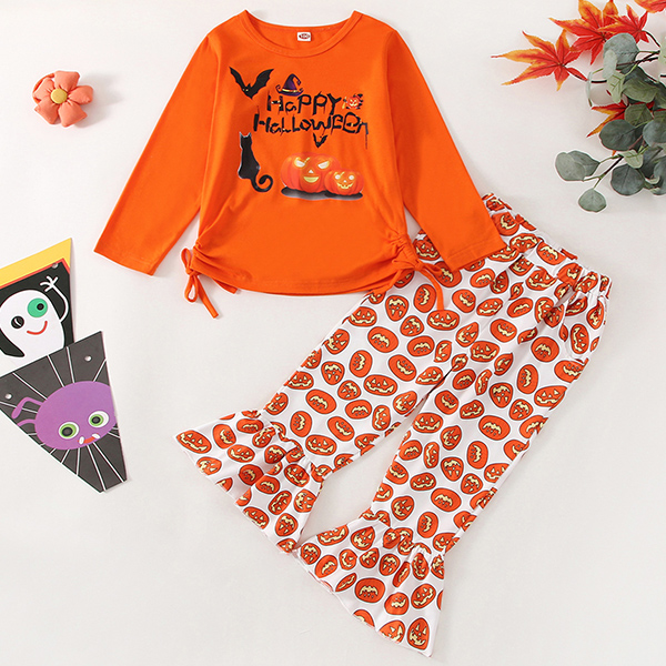 【2Y-9Y】Girl Cute Halloween Print Long Sleeve Tee And Flare Pants Set 【2Y-9Y】Girl Cute Halloween Print Long Sleeve Tee And Flare Pants Set